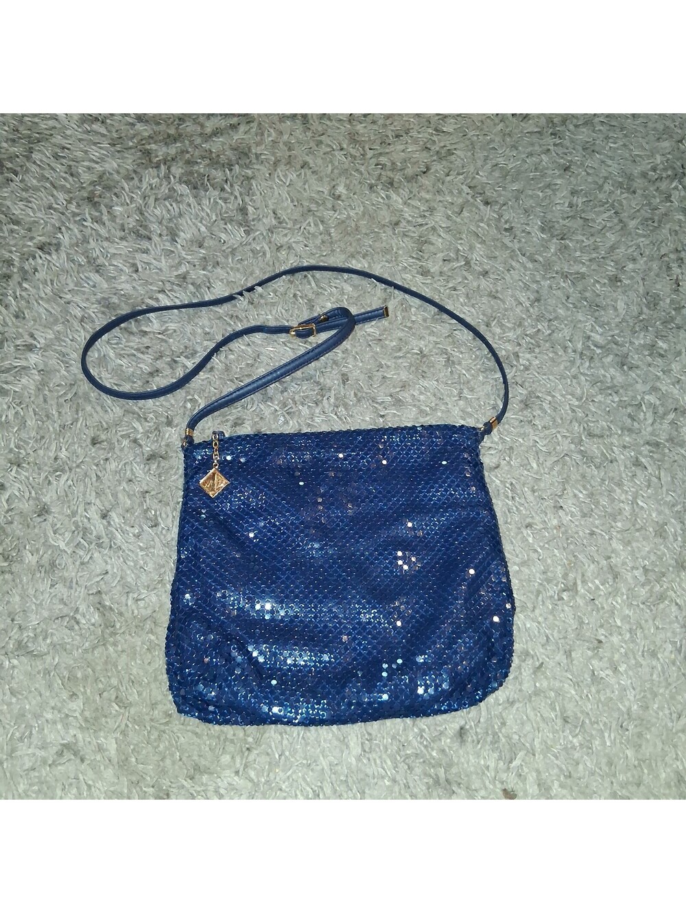Vintage Whiting and Davis Blue Metal Mesh Crossbody Bag Gold Charm Evening Purse